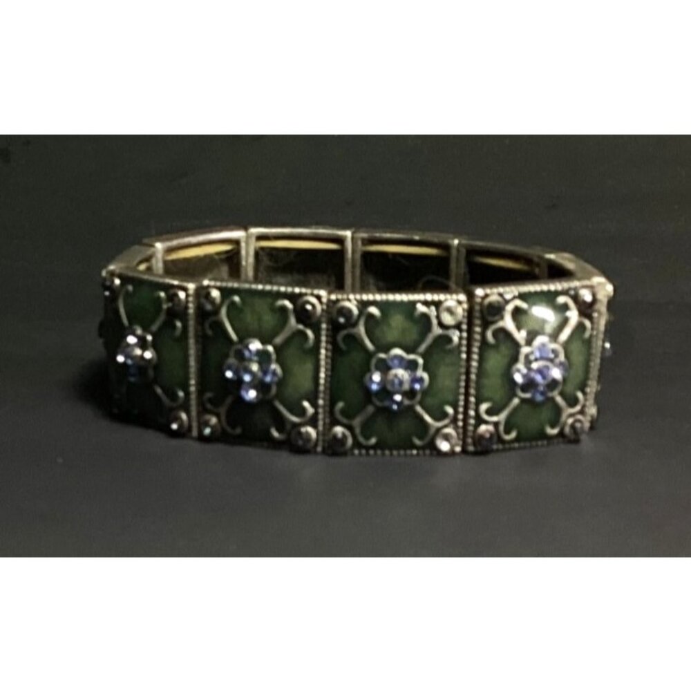 Silver Tone Metal and Olive Green Enamel Panel Stretch Bracelet Blue Rhinestones - Picture 4 of 6